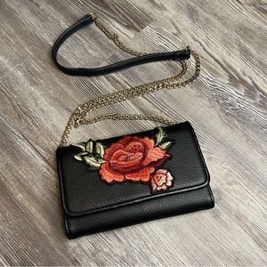 Black Faux Leather Cross Body with Rose Embroidery